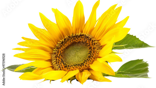 Single bright yellow sunflower with a large blooming head, isolated on a white background.