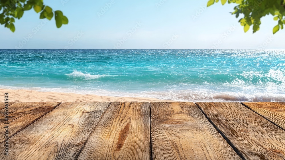 Fototapeta premium Wooden Plank Beach Background with Blue Ocean and Waves