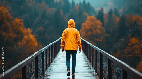 A solitary figure in a yellow raincoat walks along a misty bridge surrounded by vibrant autumn foliage and tranquil nature. photo