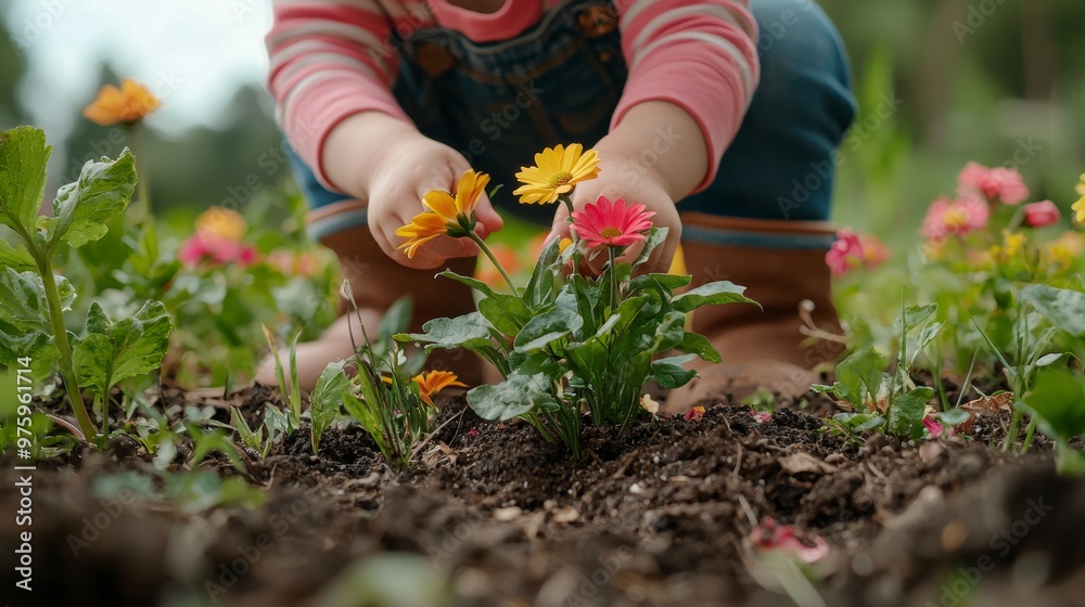 Fototapeta premium Child s Hands Picking Flowers In Garden
