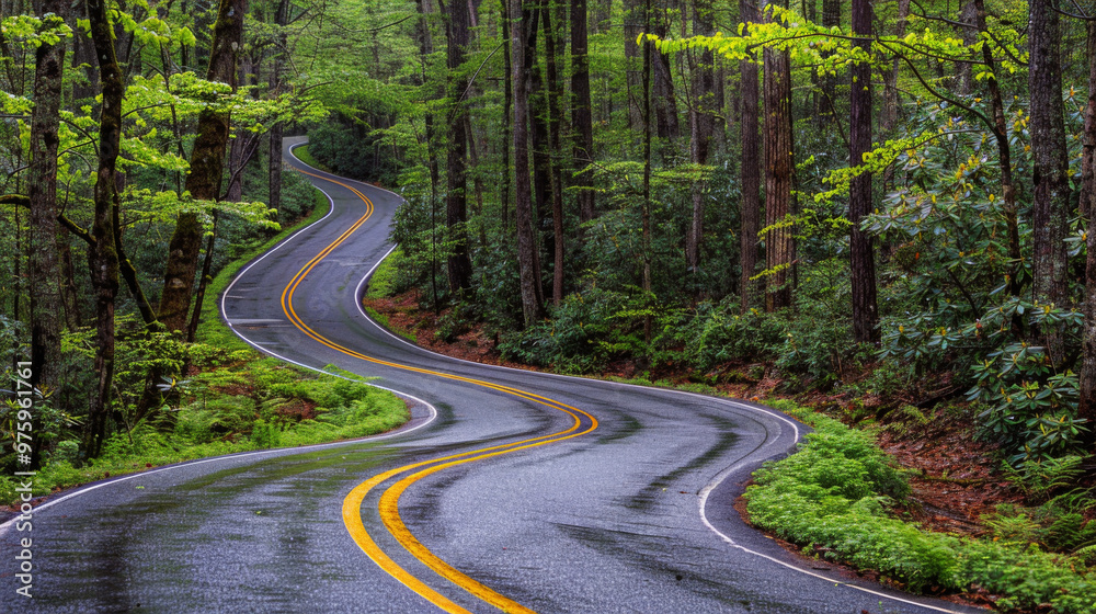 Fototapeta premium A winding road stretches through a dense, vibrant green forest, with wet pavement reflecting the surrounding trees. Concept of travel and nature.