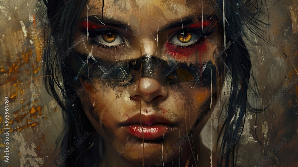 Close-up portrait of a woman with dark hair and intense eyes, painted in a realistic style, with a focus on her face and the dramatic lighting. Close-up portrait of a woman with dark hair and intense eyes, painted in a realistic style, with a focus on her face and the dramatic lighting.