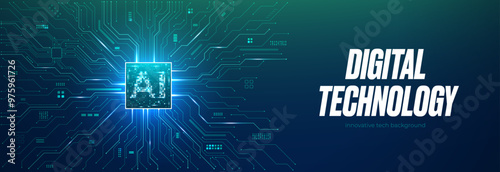 AI semiconductor on circuit tech background. AI chip light neon effect. Technology digital bg. Abstract horizontal banner. Artificial Intelligence concept. Blue-green futuristic vector illustration.