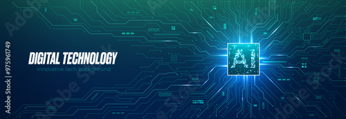 Digital technology background. Blue green tech bg with AI chip and light glowing circuit board. Artificial Intelligence chip concept. Abstract computer electronics web banner. Vector illustration.