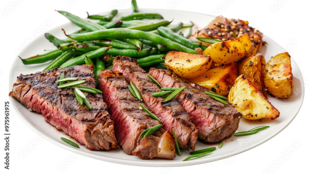 Sumptuous plate of steak with roasted potatoes and green beans, isolated on a white background Sumptuous plate of steak with roasted potatoes and green beans, isolated on a white background