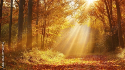 Golden rays of autumn sunlight shine through the trees, highlighting a peaceful forest blanketed with leaves.