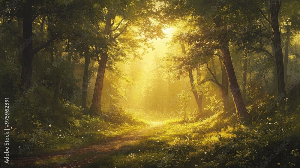 Fototapeta premium Golden sunlight filters through dense trees, bathing a tranquil forest in warm light, capturing the essence of nature beauty