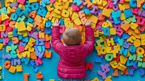 Child Surrounded by Colorful Alphabet Letters