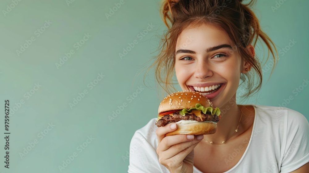 Woman with Messy Bun Smiling and Holding a Burger Woman with Messy Bun Smiling and Holding a Burger