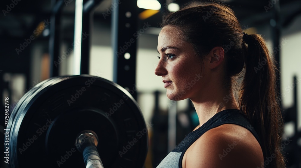 Fit athletic woman preparing for her next lift , fitness club weight lifting Fit athletic woman preparing for her next lift , fitness club weight lifting