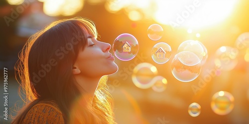 Woman blowing soap bubbles with miniature house models inside, symbolizing dreams of homeownership and fleeting opportunities in real estate, warm outdoor setting, glowing bubbles, copy space, selecti photo