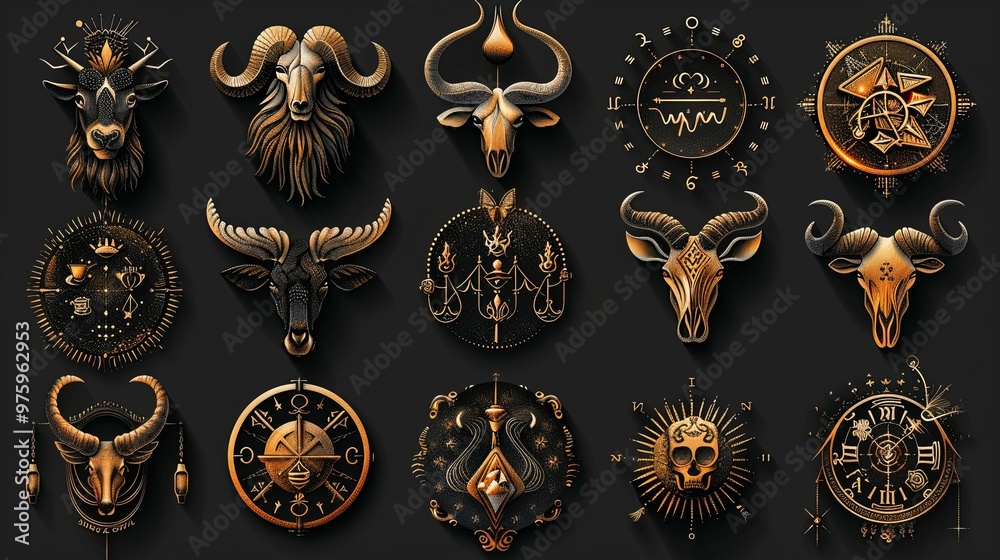 A Collection of Mystical Bull and Animal-Themed Symbols in Gold and Black A Collection of Mystical Bull and Animal-Themed Symbols in Gold and Black