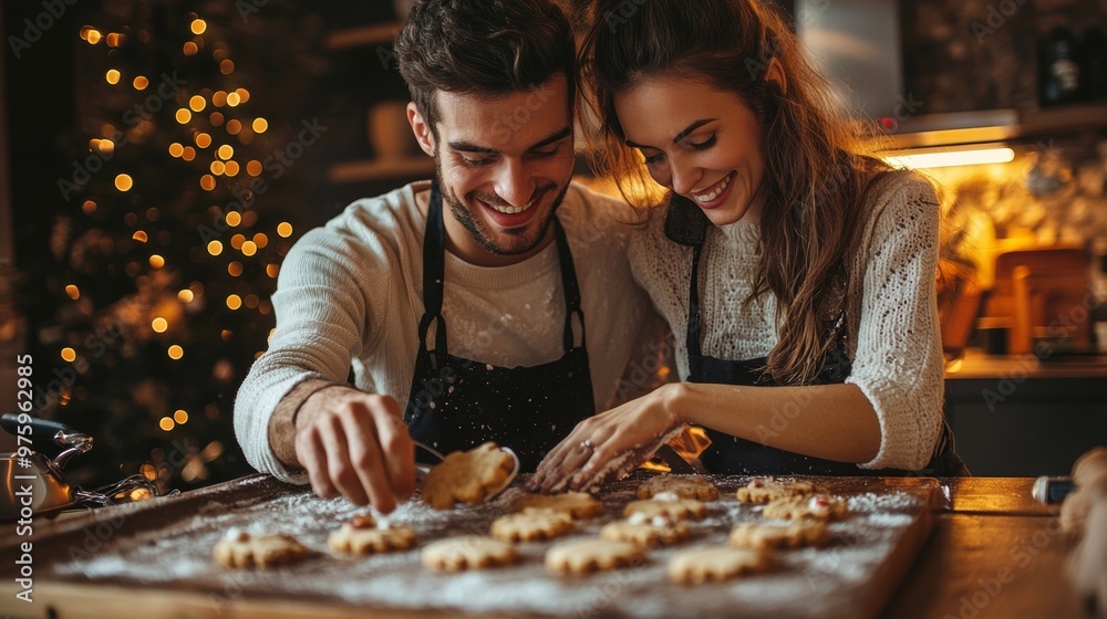 Couple Baking Christmas Cookies Together in Cozy Kitchen Couple Baking Christmas Cookies Together in Cozy Kitchen
