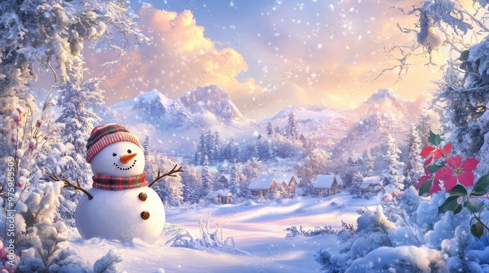 Fototapeta premium Happy snowman in a snowy landscape, surrounded by a winter fairytale setting, with room for a festive greeting card message.