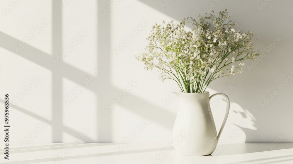 A stylish ceramic water pitcher with a modern design, holding a bouquet of fresh flowers, set against a minimalist white backdrop for a chic look. A stylish ceramic water pitcher with a modern design, holding a bouquet of fresh flowers, set against a minimalist white backdrop for a chic look.