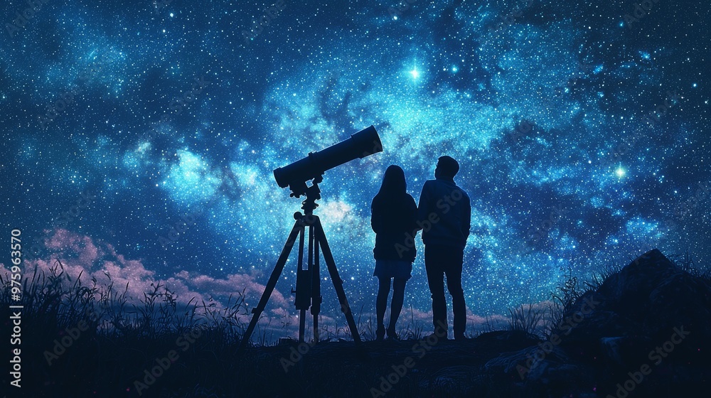 Fototapeta premium Romantic Couple Stargazing with Telescope under Milky Way Night Sky