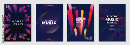 Music poster design background vector set. Electronic Sound Cover template with vibrant abstract gradient line wave , halftone and geometric shape.