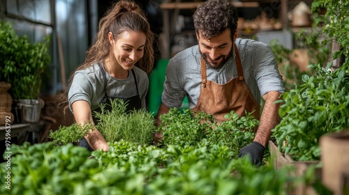 Happy Couple Gardening Together in a Greenhouse