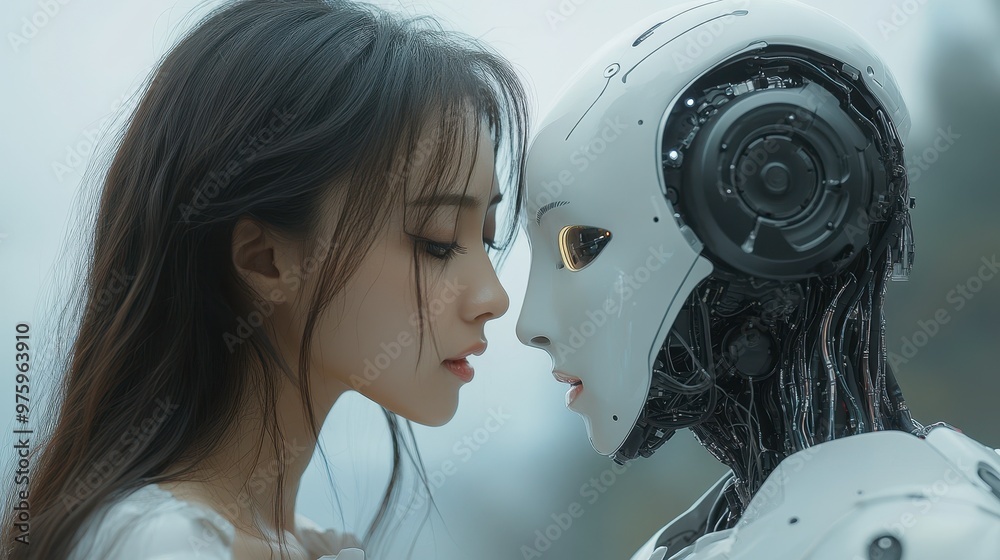 Human and Advanced Android Humanoid Robot Share an Intimate Moment in Futuristic Landscape at Dusk Human and Advanced Android Humanoid Robot Share an Intimate Moment in Futuristic Landscape at Dusk