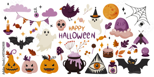 Happy Halloween hand drawn set elements. Spook, fall leaves, mushroom, cat, bird, mot, bat, candy, branches, pumpkin. Harvest time. Colored trendy vector illustration. Autumn stickers