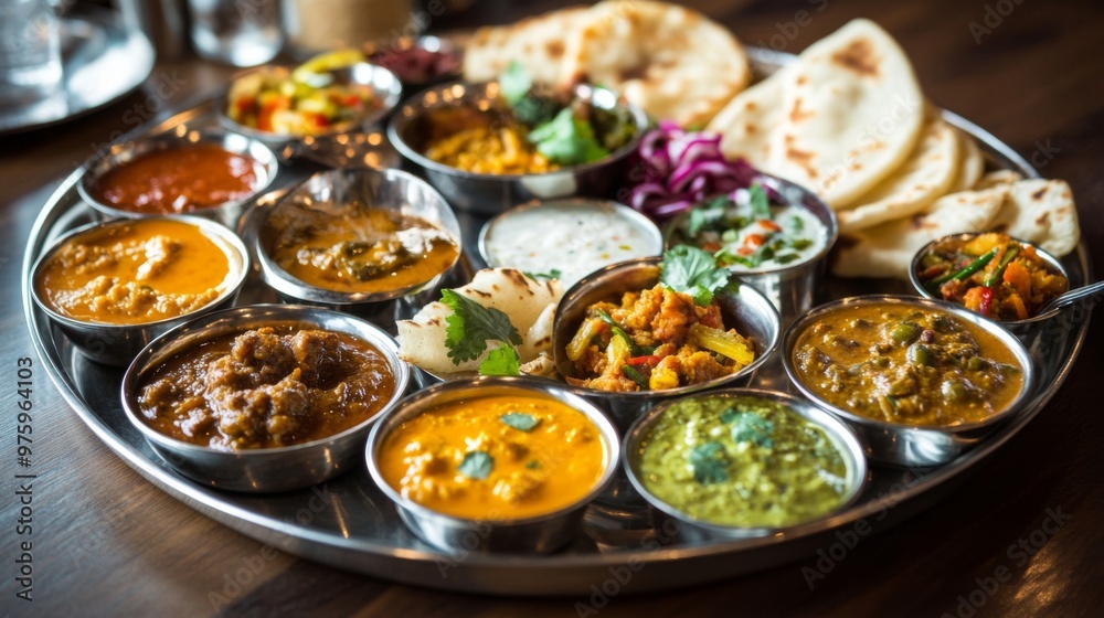 A traditional Indian thali with an assortment of curries, dal, roti, and pickles, beautifully arranged on a silver platter, showing the variety and richness of Indian cuisine.
