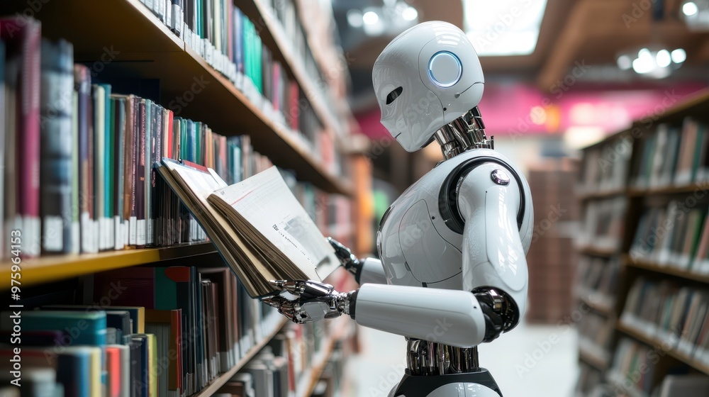Advanced Robot Reading a Book in a Modern Library During the Day Advanced Robot Reading a Book in a Modern Library During the Day