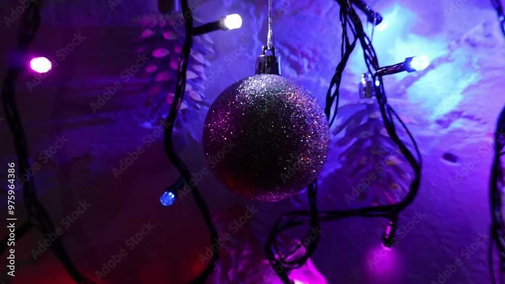 Una toma de cerca de bolas de navidad rodeada con luces de colores. Decoración de navidad y fin de año