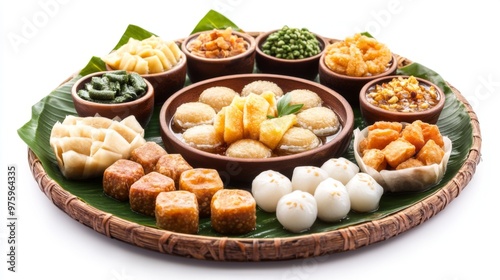 A traditional Thai dessert platter featuring small portions of various treats like tub tim grob (water chestnut in syrup) and khanom krok (coconut-rice pancakes), set on a white background. photo