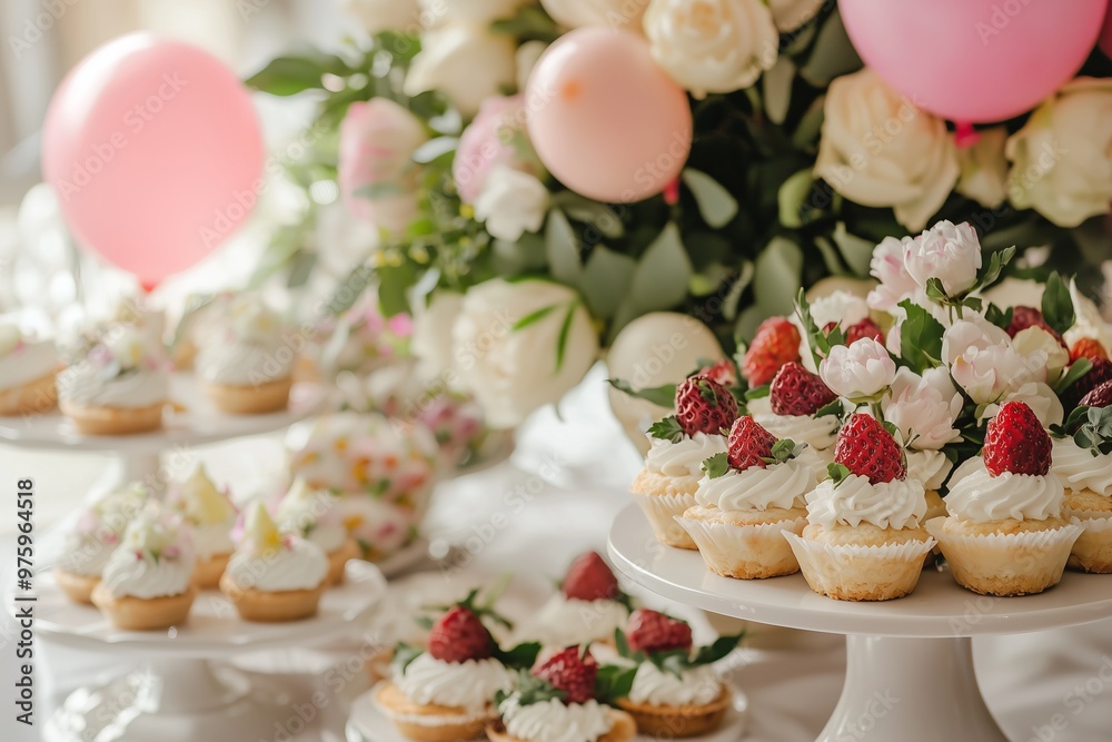 Wedding catering with tartlets, desserts, flowers, balloons, table decorations, and small bouquets, concept of elegant celebration and event planning. Wedding catering with tartlets, desserts, flowers, balloons, table decorations, and small bouquets, concept of elegant celebration and event planning.