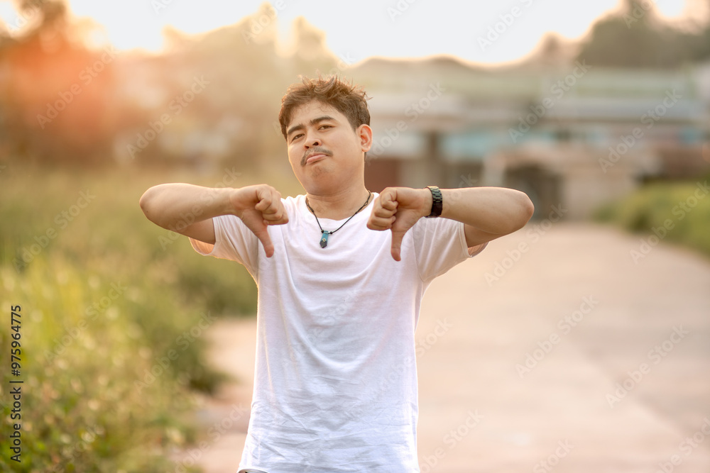 a man standing with a thumbs down. The man acted like someone was underestimating something. set in nature on a sunny afternoon. a man standing with a thumbs down. The man acted like someone was underestimating something. set in nature on a sunny afternoon.