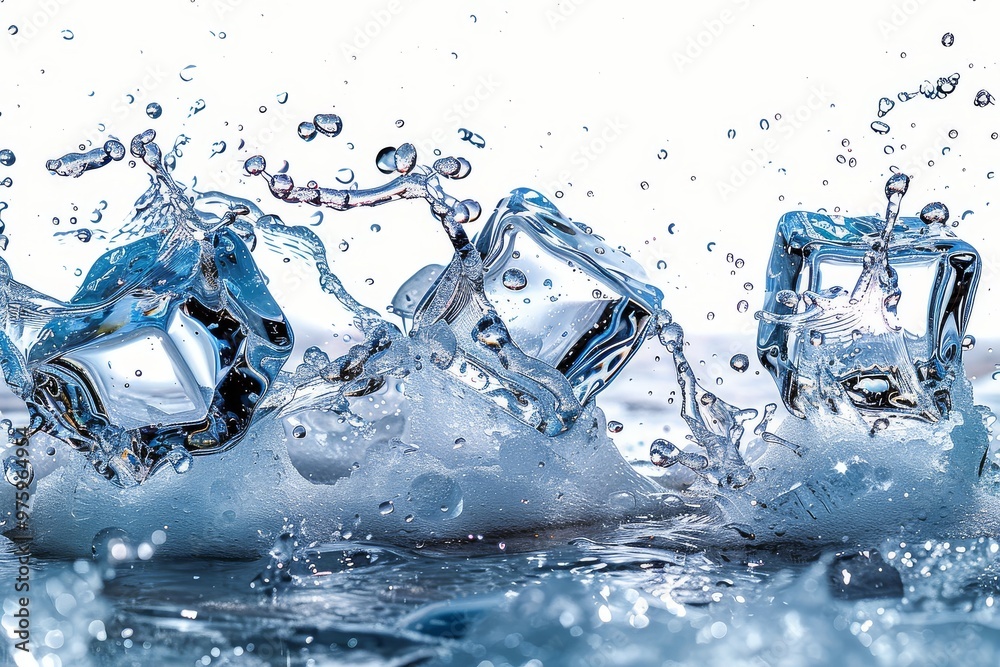 Ice cubes splashing and floating in the air against a white background, blue color, high-resolution, high-detail photography. Ice cubes splashing and floating in the air against a white background, blue color, high-resolution, high-detail photography.