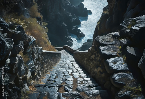 dark stone stairs going down and leading to the gates of hell, road to hell, gates of hell