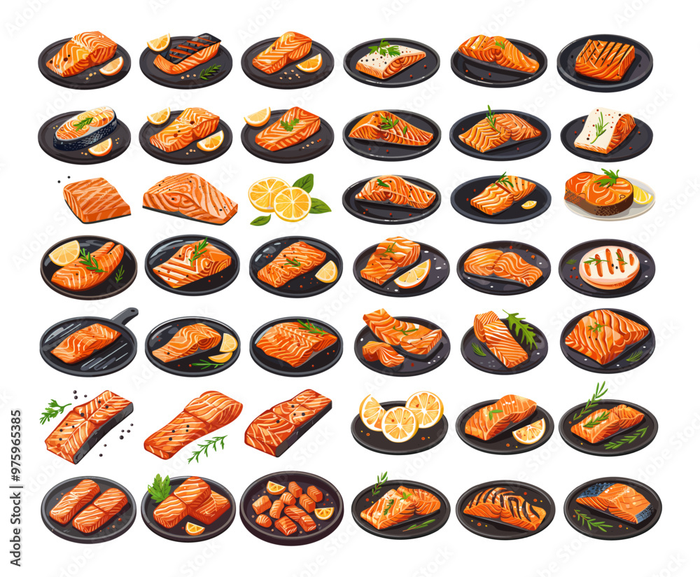 Red meat fish steak cartoon vector set. Tomato fillet grill lime citrus seasoning sea caviar bbq plate serving salmon marine roast culinary seafood savory wholesome bistro dish, isolated illustrations Red meat fish steak cartoon vector set. Tomato fillet grill lime citrus seasoning sea caviar bbq plate serving salmon marine roast culinary seafood savory wholesome bistro dish, isolated illustrations
