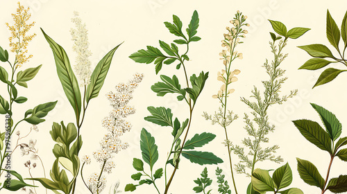 A botanical illustration of key medicinal plants from the Himalayas, including detailed drawings of their leaves, flowers, and roots 