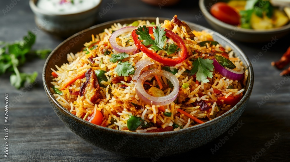A vibrant bowl of vegetable biryani, garnished with fresh herbs and crispy fried onions, served with a side of raita and pickles. The colorful spices add a festive touch. A vibrant bowl of vegetable biryani, garnished with fresh herbs and crispy fried onions, served with a side of raita and pickles. The colorful spices add a festive touch.