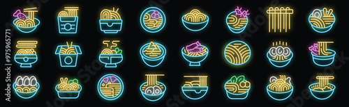 Asian noodles in bowls, plates and boxes with chopsticks neon icons set vector. Collection of glowing signs of various types of oriental noodle dishes