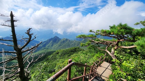 Korean mountains. hiking in gayasan national park south korea. path to the top of the mountain.