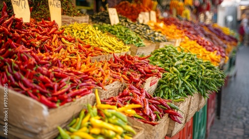 A vibrant market stall overflowing with different types of chili peppers, from mild to fiery hot, attracting food lovers with its colorful display of spices.