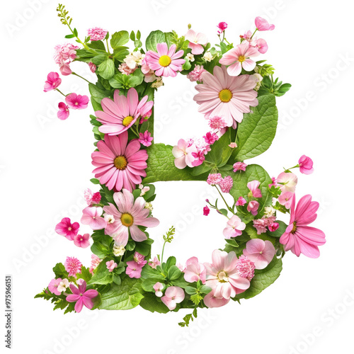 Floral Alphabet Letters B with Colorful Flowers and Decorative Elements