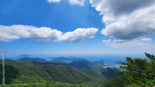 Hallyeohaesang National Park view from Geumsan Mountain. Namhae Geumsan. Boriam Buddhist temple. South Sea overlooking Geumsan, Gyeongsangnam-do, Korea. photo