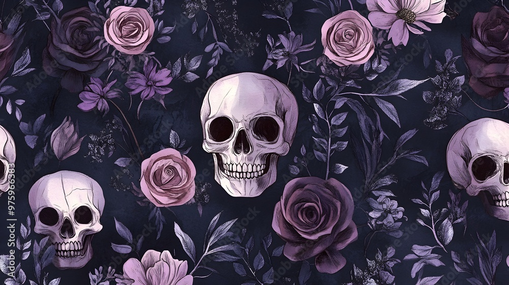 Haunting Gothic Floral Skull Composition with Dark Moody Blooms and Eerie Foliage Haunting Gothic Floral Skull Composition with Dark Moody Blooms and Eerie Foliage