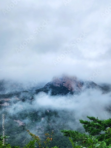Photography fog in rainy weather on the Bukhansan Mountain in Seoul
