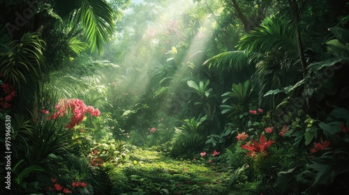 Lush green foliage basks in soft sunlight, with vibrant blossoms dotting the jungle in a peaceful natural scene.