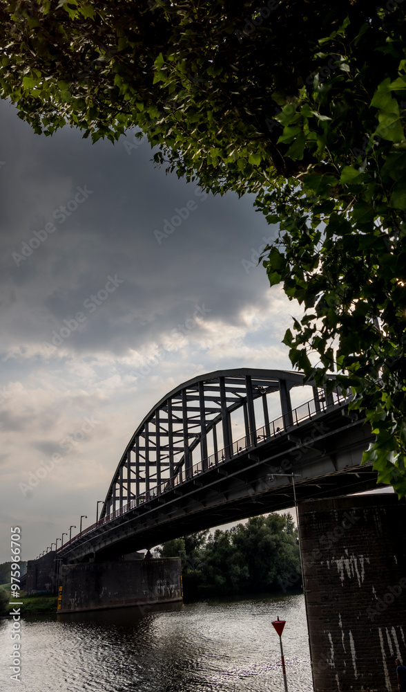 Silhouette of John Frost Bridge (John Frostbrug in Dutch). It is the road bridge over the Lower Rhine at Arnhem