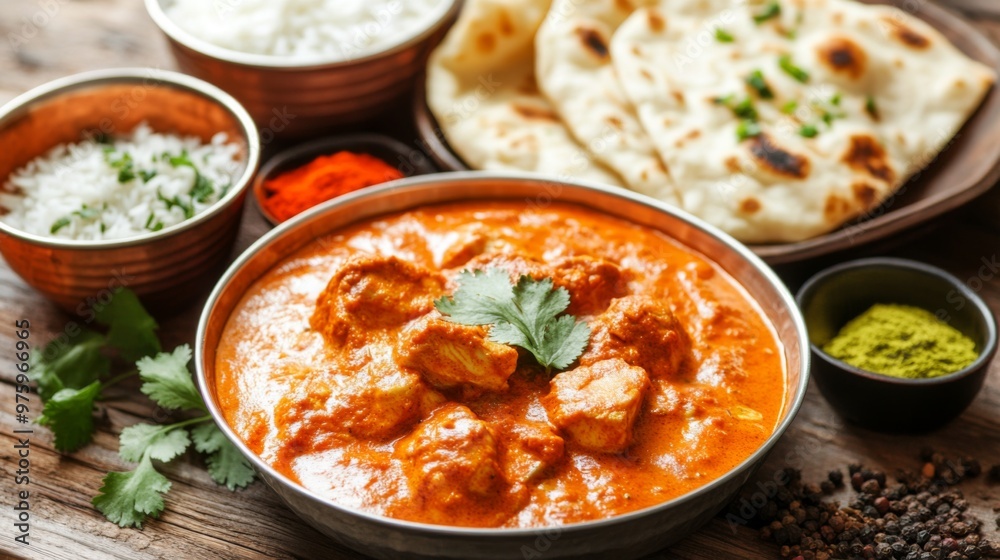A vibrant spread of Indian dishes, including butter chicken, naan bread, and basmati rice, served on a traditional thali with colorful spices in the background. A vibrant spread of Indian dishes, including butter chicken, naan bread, and basmati rice, served on a traditional thali with colorful spices in the background.