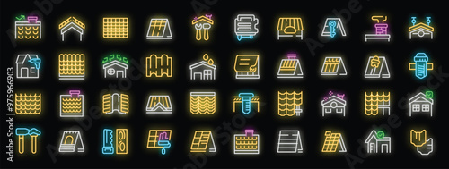 Set of neon roof worker icons glowing signs for house repair service