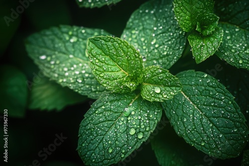 Fresh Mint Leaves with Water Droplets Close Up or Macro