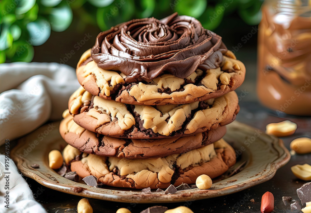 Peanut Butter Brownie Swirl cookies perfectly swirled with rich chocolate and creamy peanut butter, freshly baked and stacked on a rustic plate Peanut Butter Brownie Swirl cookies perfectly swirled with rich chocolate and creamy peanut butter, freshly baked and stacked on a rustic plate