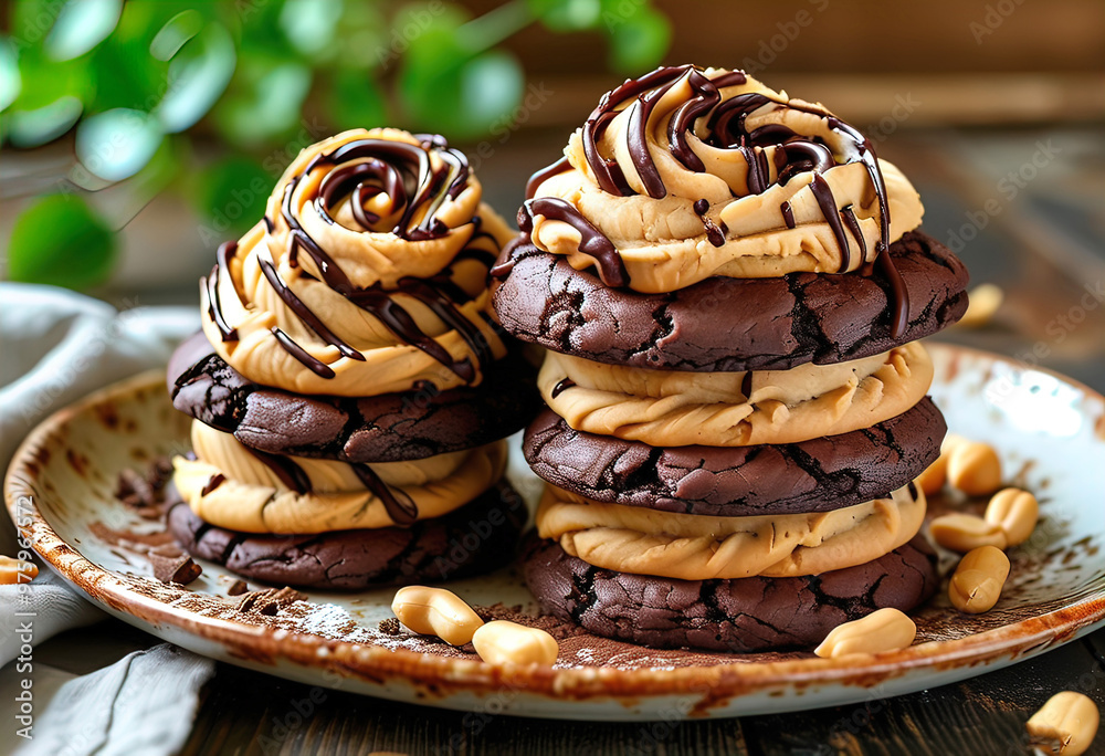 Peanut Butter Brownie Swirl cookies perfectly swirled with rich chocolate and creamy peanut butter, freshly baked and stacked on a rustic plate
