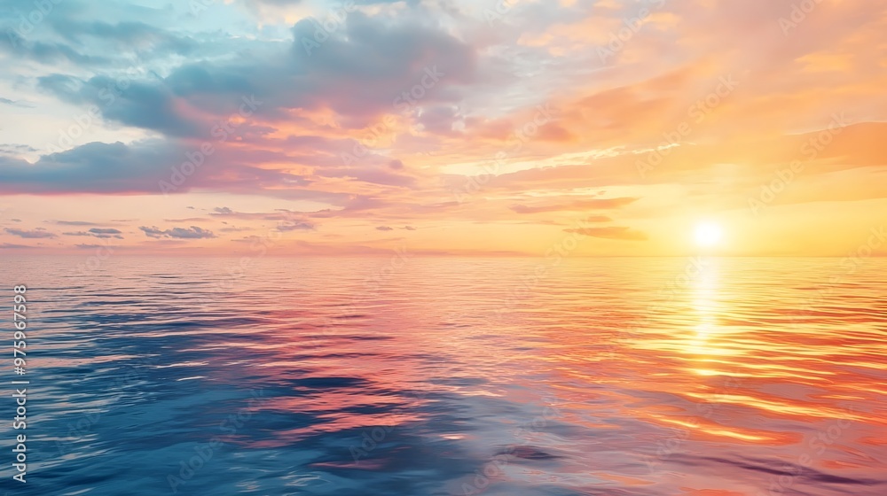 Stunning Sunset Over Tranquil Ocean with Warm Reflections in the Sky Stunning Sunset Over Tranquil Ocean with Warm Reflections in the Sky